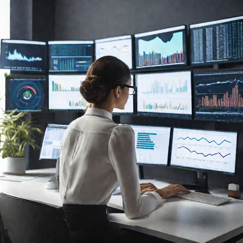 Вид сзади молодой женщины, сидящей за столом в современном минималистичном офисе и использующей три монитора. Экраны демонстрируют подробные аналитические панели для отслеживания трафика веб-сайта с использованием графиков, диаграмм и визуализации данных.
