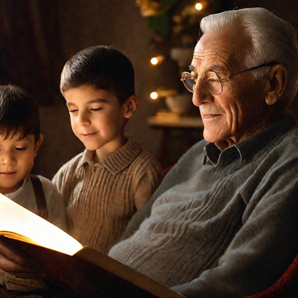 Пожилой мужчина с добрыми глазами читает книгу двум заинтересованным детям. Он терпеливый и заботливый, как дедушка, дающий мудрые наставления. Освещение мягкое, золотистое, выделяющее их лица. Настроение спокойное, значимое и полезное.