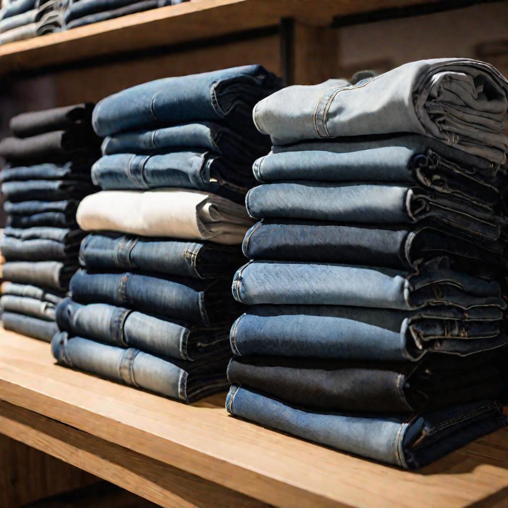 Стопки сложенных джинсов разных цветов на прилавке магазина