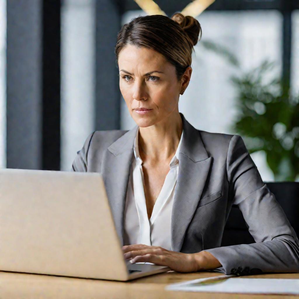 Портрет женщины в офисе, сосредоточенно работающей за ноутбуком