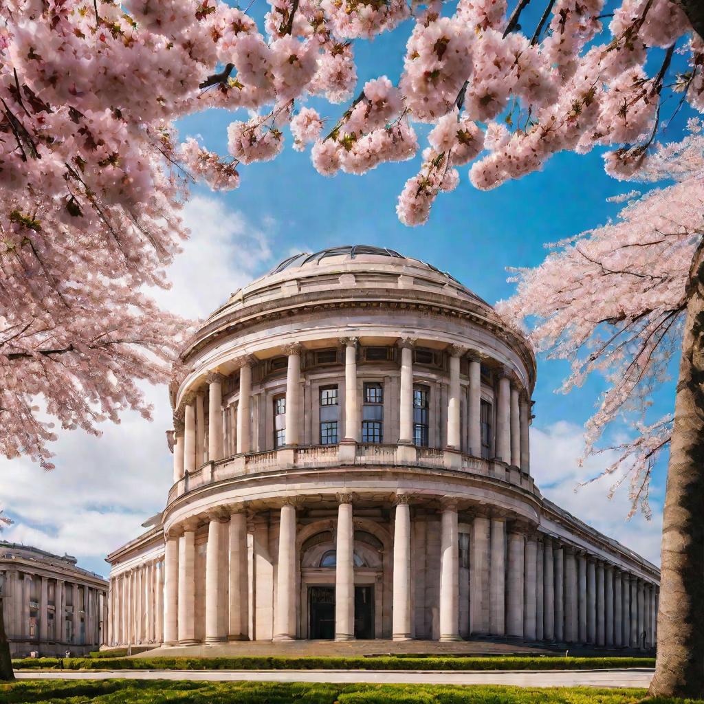 Центральный банк весной с цветущими деревьями