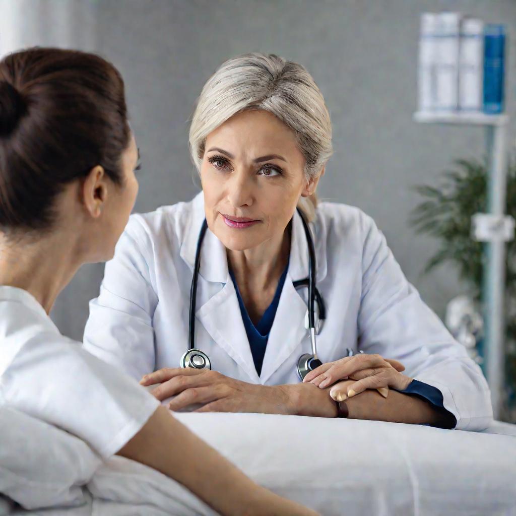 Крупный портрет женщины-врача в белом халате, разговаривающей с пожилой пациенткой, лежащей в больничной кровати.
