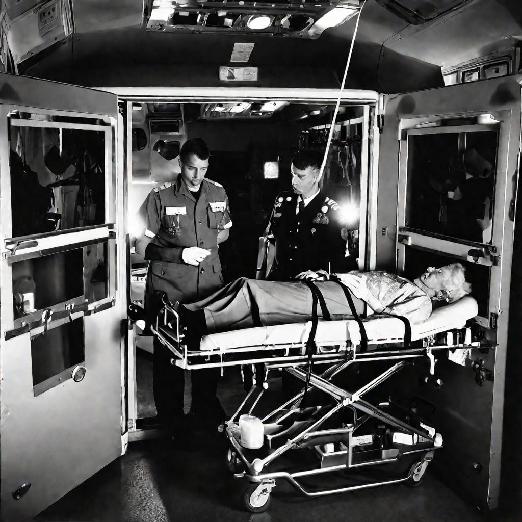 Внутри ярко освещенной ночью скорой помощи. Парамедик в униформе сидит рядом с носилками, контролируя кислородную маску и капельницу пожилого пациента, прикрепленного к носилкам.