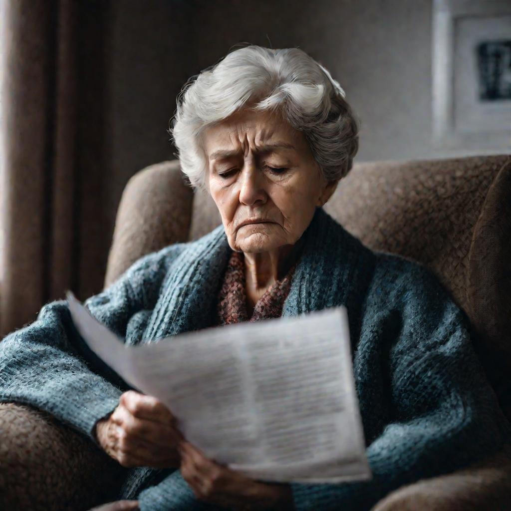 Пожилая женщина грустно смотрит на уведомление о выселении