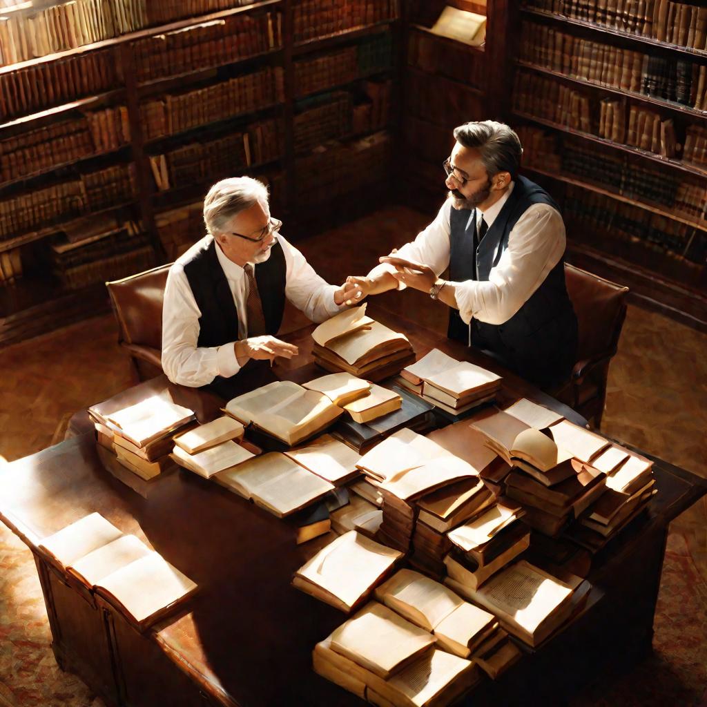 Философ и ученый ведут дискуссию в библиотеке