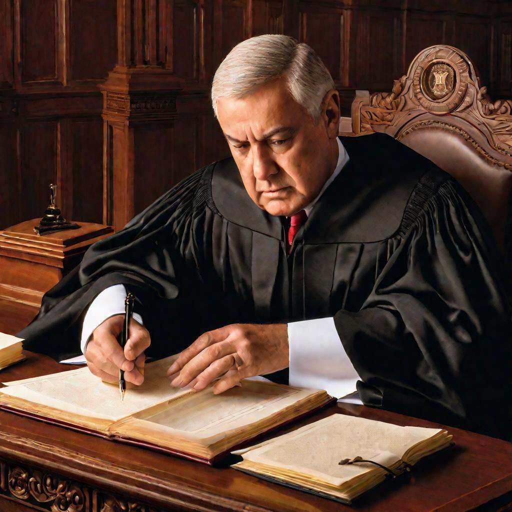 Портрет судьи в мантии за столом в зале суда