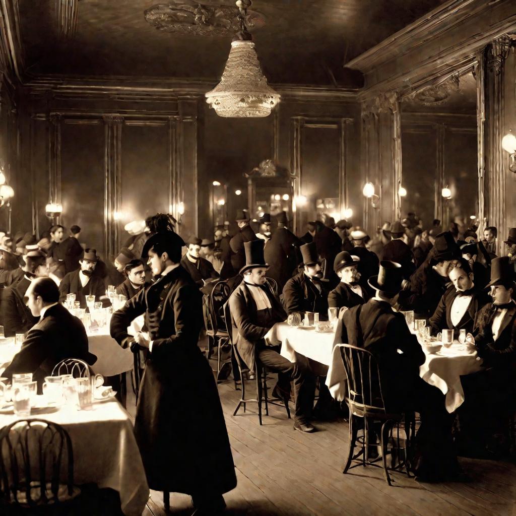 Полный зал парижского кафе, зрители смотрят первый публичный показ фильма