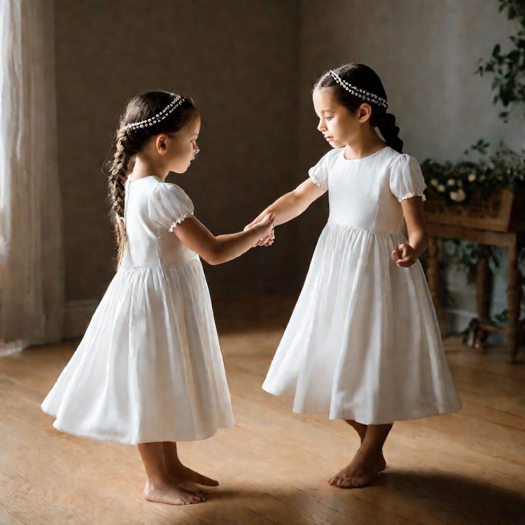 Однояйцевые близнецы-девочки танцуют, держась за руки, в солнечной комнате