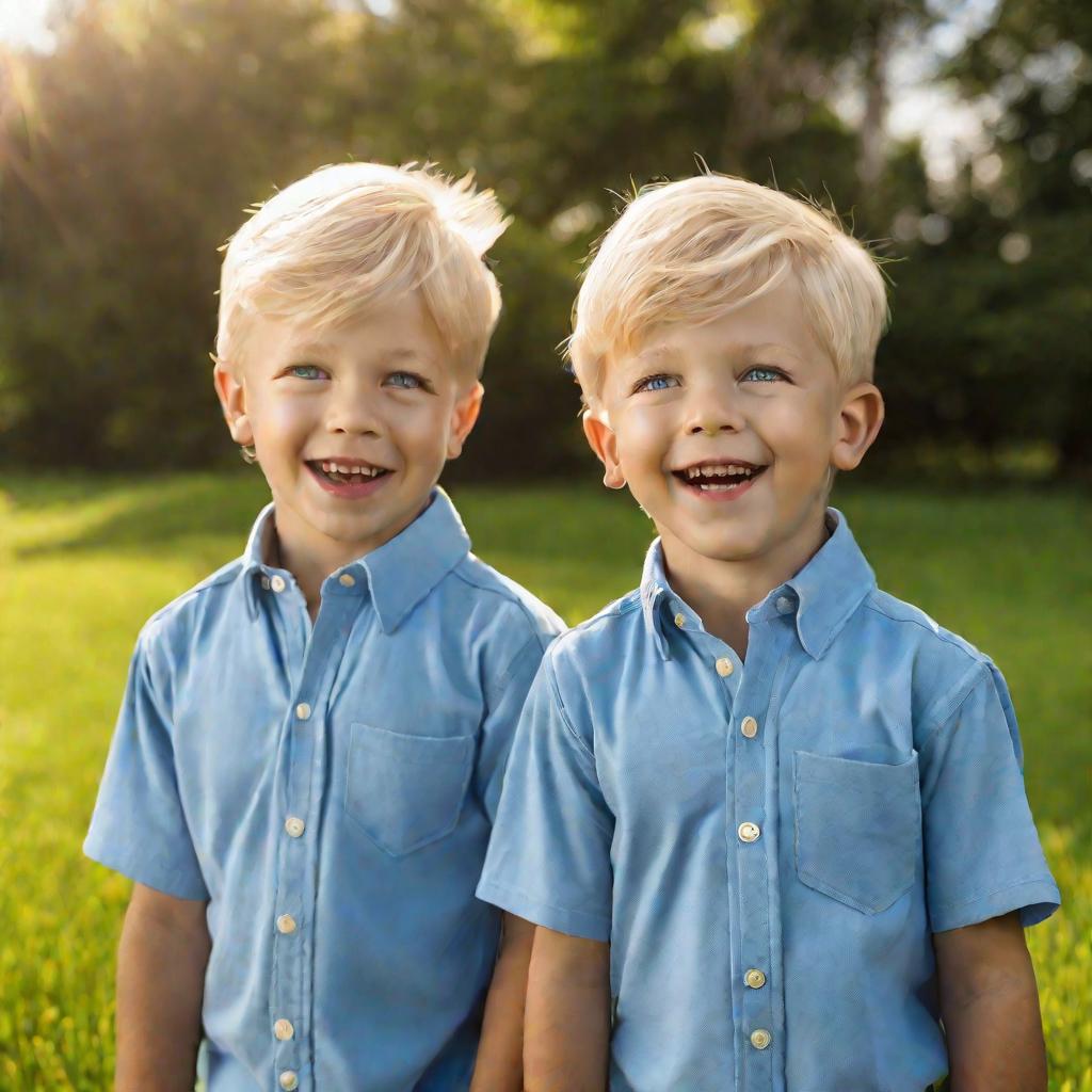 Портрет улыбающихся однояйцевых близнецов-мальчиков на улице летом