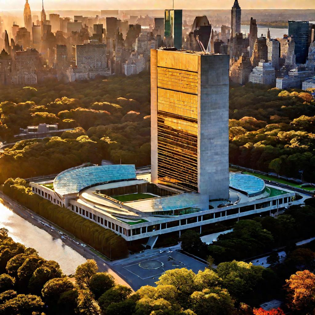 Штаб-квартира ООН в Нью-Йорке на рассвете