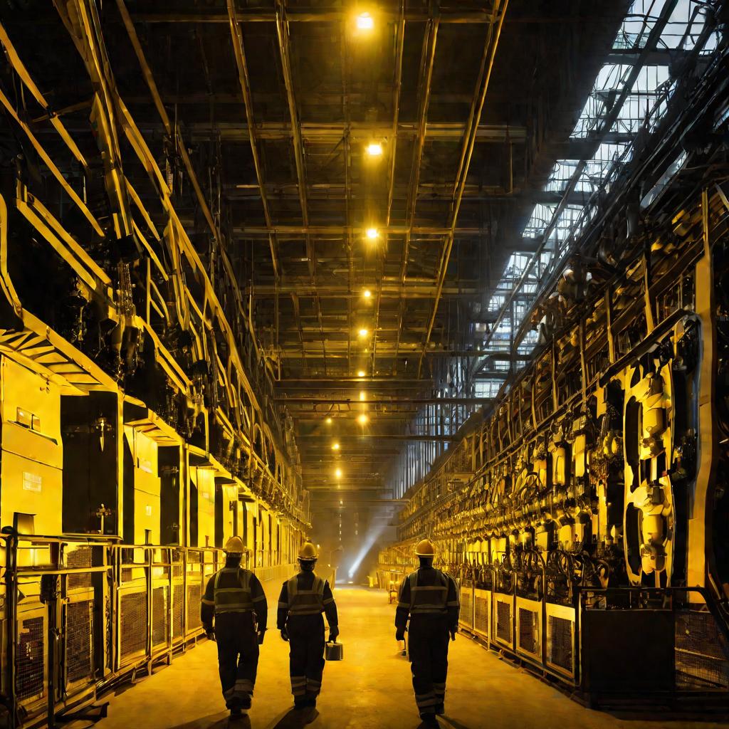 Слабо освещенный зал электростанции с рядами светящихся желтым светом трансформаторов