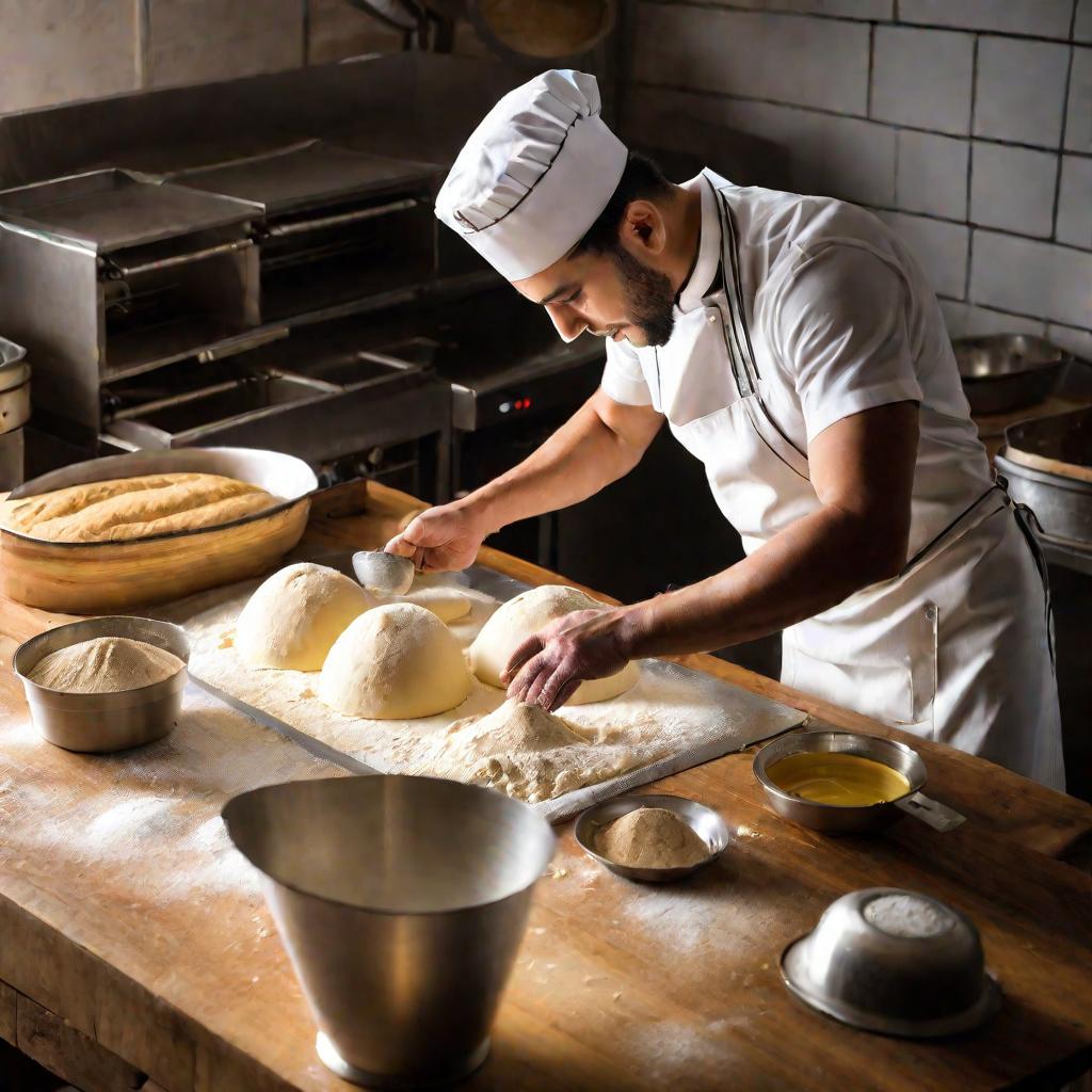 Повар-кондитер готовит тесто с добавлением разрыхлителя в просторной светлой кухне