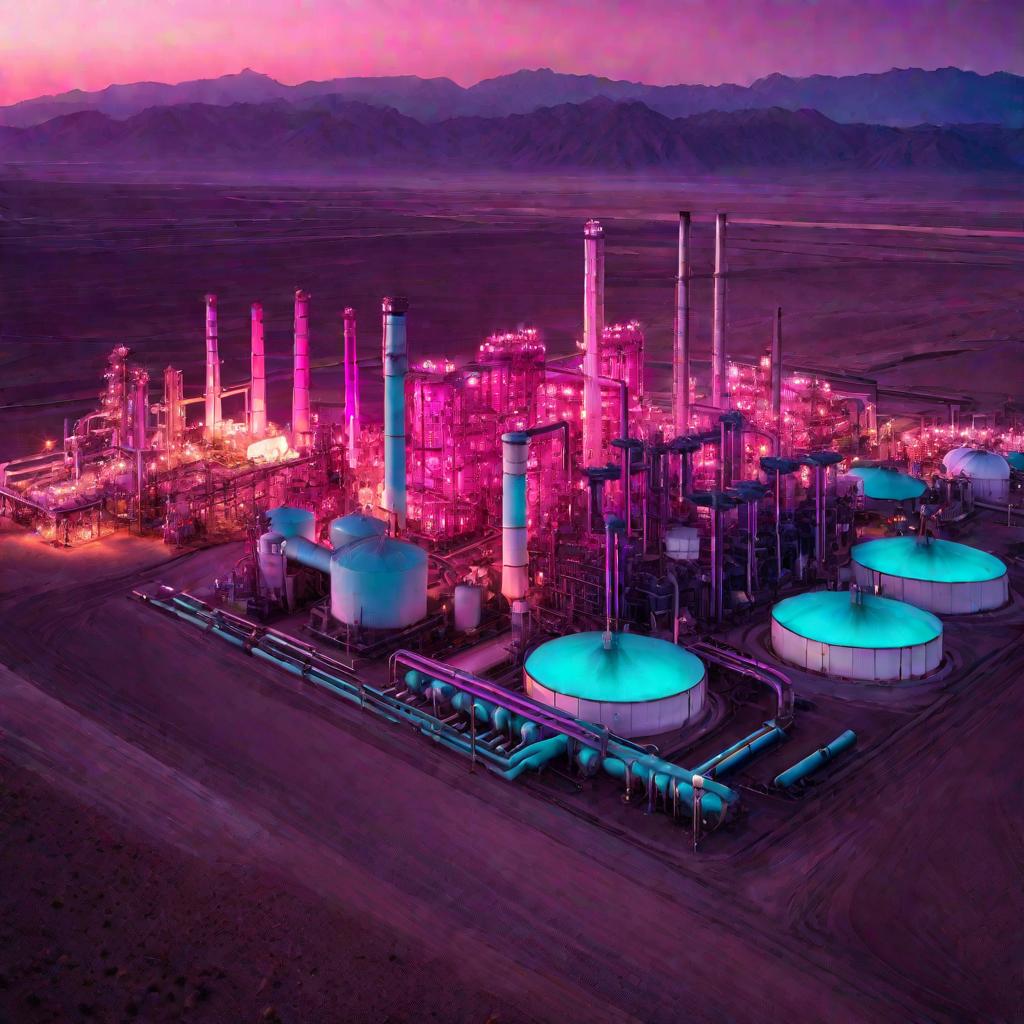 Вид сверху на огромный химический завод в пустыне на закате.