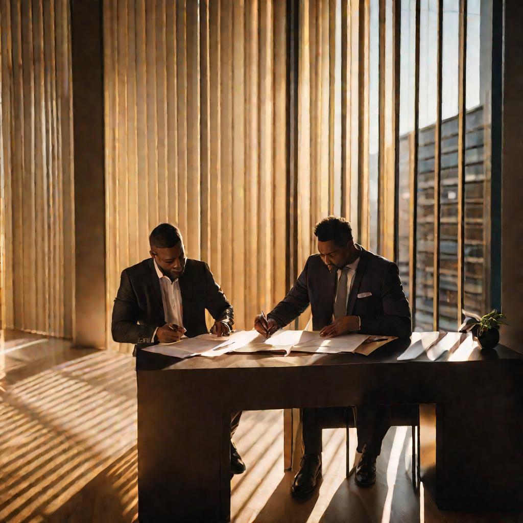 Два мужчины подписывают документ в офисе