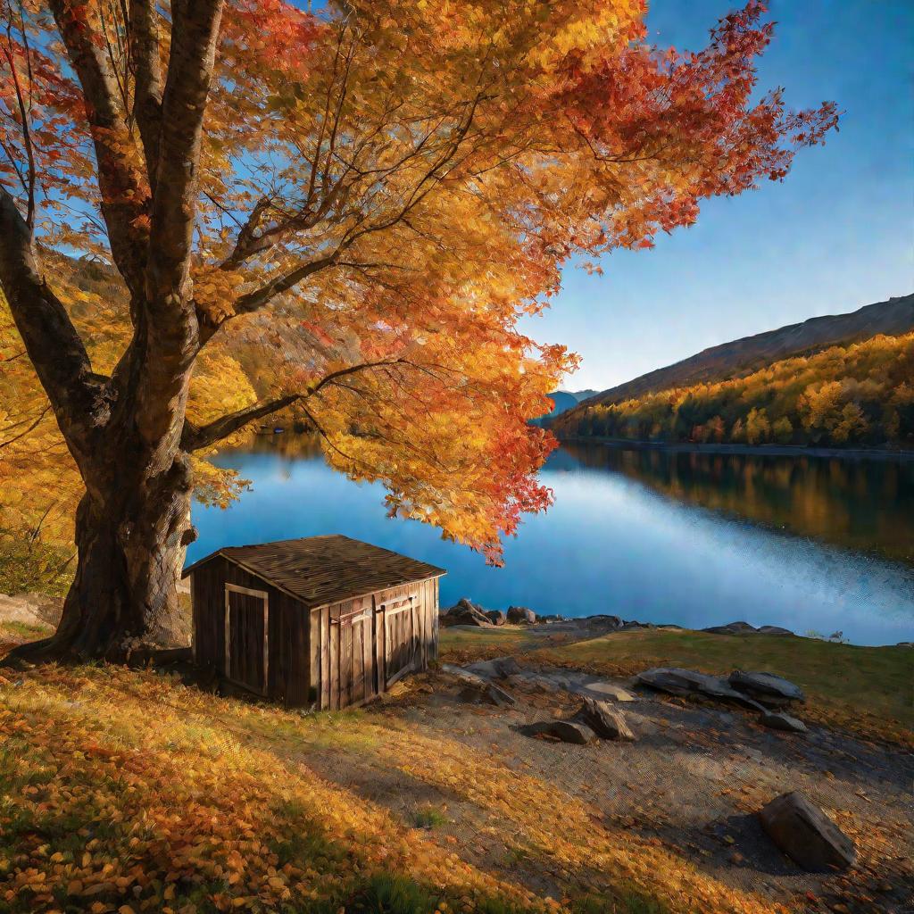 Живописный горный пейзаж с озером, деревьями в разгар осени. Красочная осенняя атмосфера.