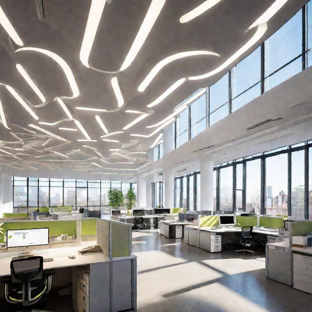 Современный офис с сотнями ярких светодиодных панелей в потолке, освещающих ряды рабочих мест.