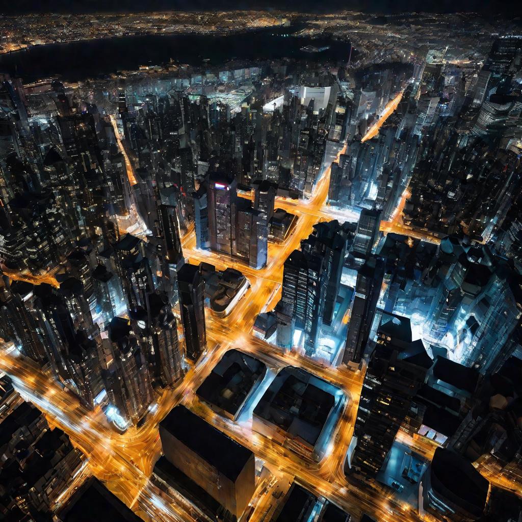 Ночной город с яркой светодиодной иллюминацией улиц и зданий.