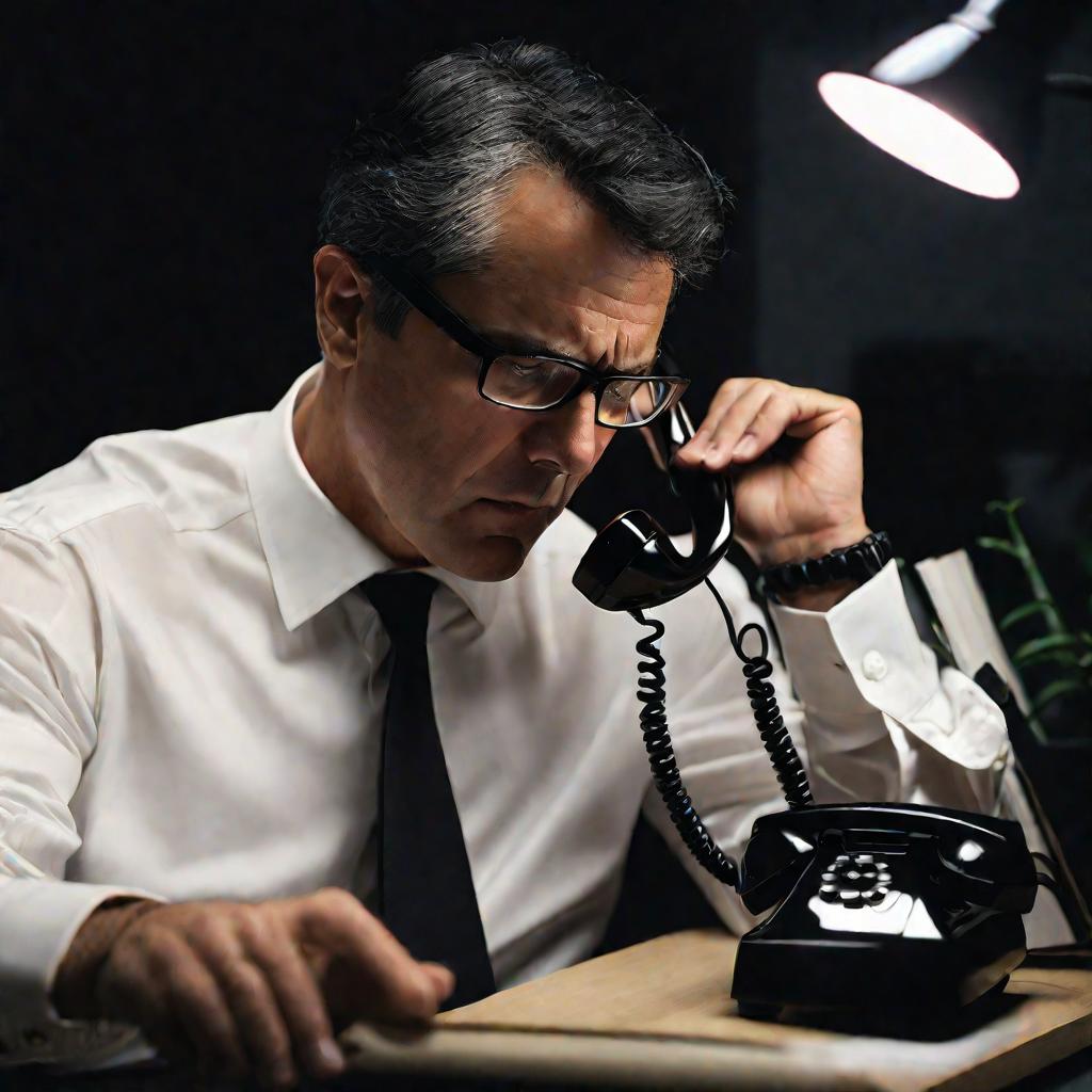 Мужчина средних лет обеспокоенно разговаривает по телефону в темном офисе
