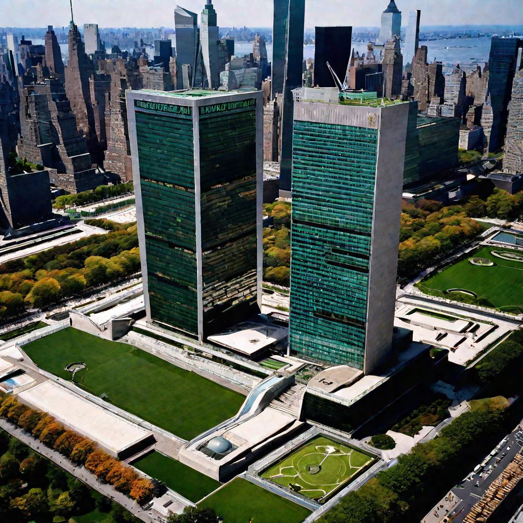 Вид сверху на здание штаб-квартиры ООН в Нью-Йорке в солнечный день