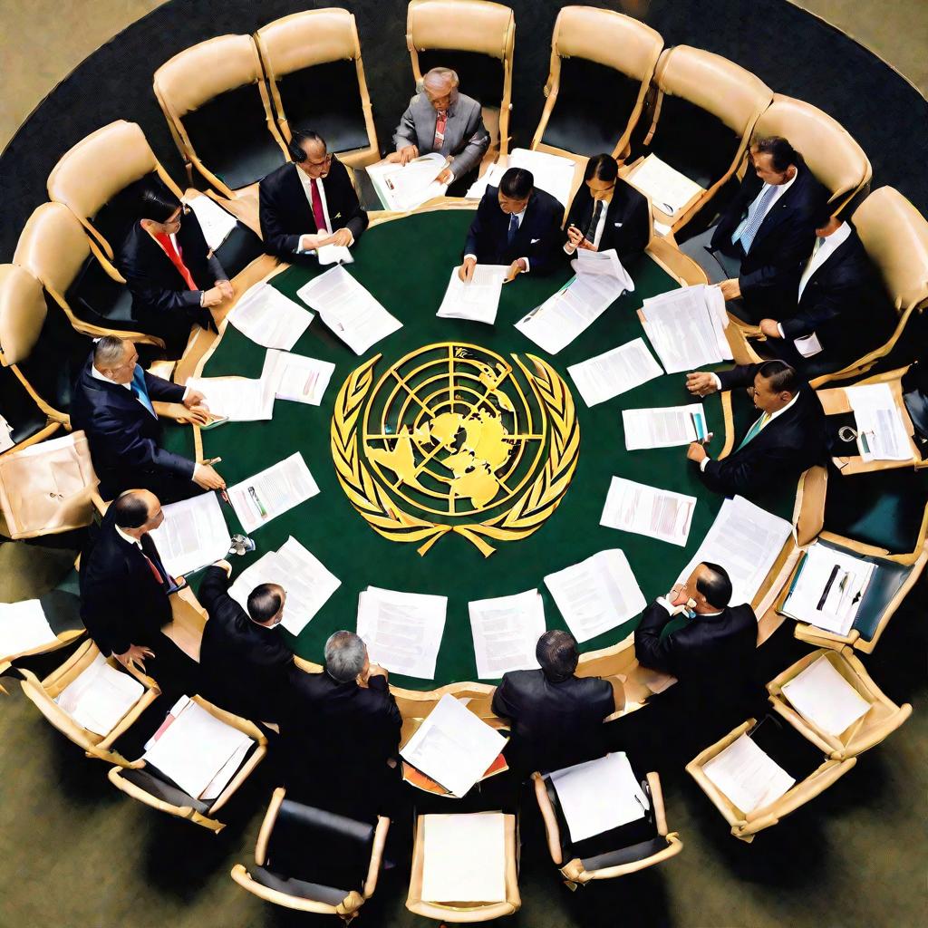 Вид сверху на большой круглый стол с делегатами разных стран на заседании Генеральной Ассамблеи ООН