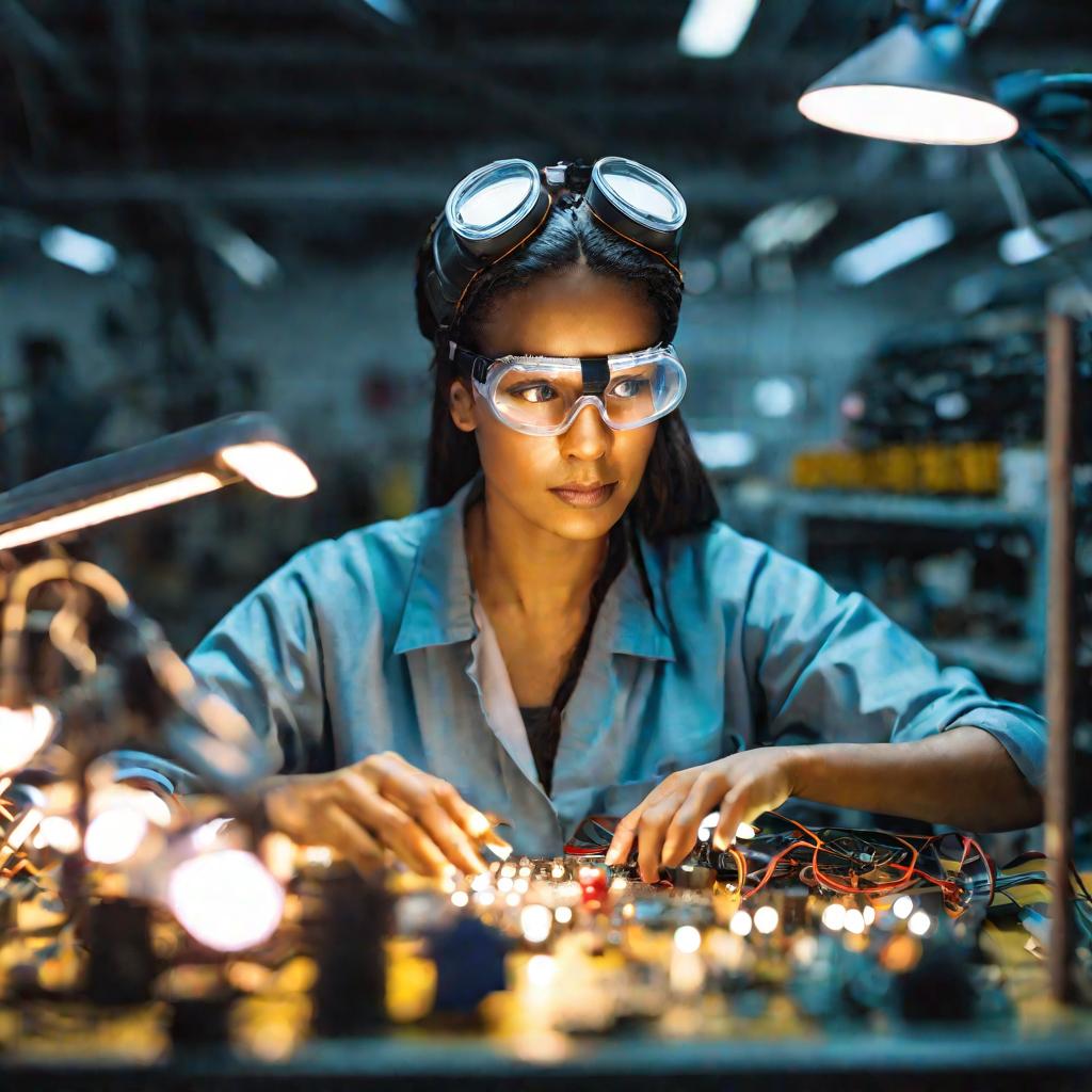 Крупным планом портрет женщины на фабрике в защитных очках, работающей над сборкой миниатюрных электронных компонентов под ярким светом лампы.