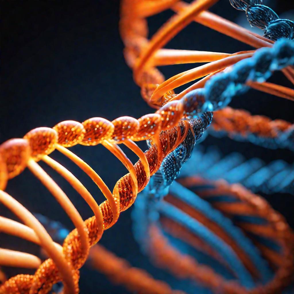 Молекула ДНК, синяя и оранжевая спирали.