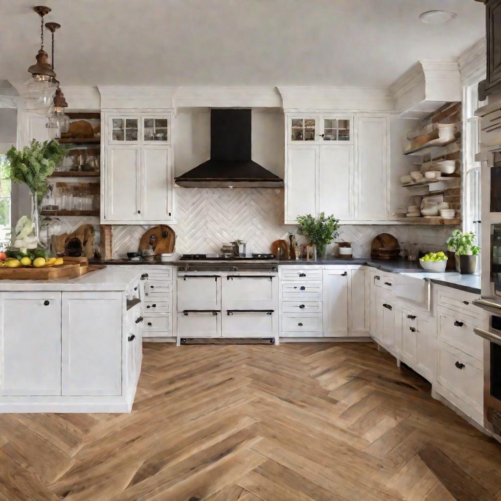 Деревянный пол елочкой на кухне в стиле прованс