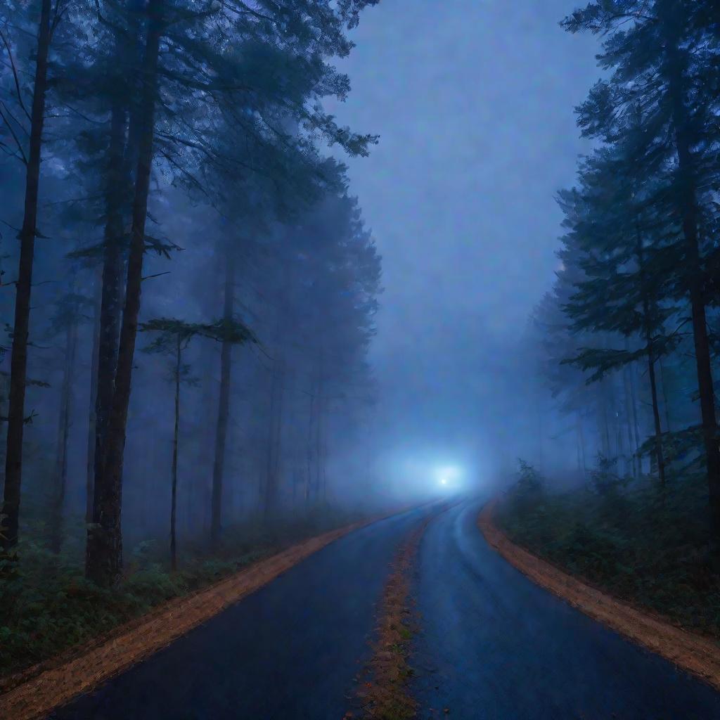 Широкий туманный пейзаж извилистой лесной дороги ранним утром, в багажнике машины едва различим пассивный сабвуфер