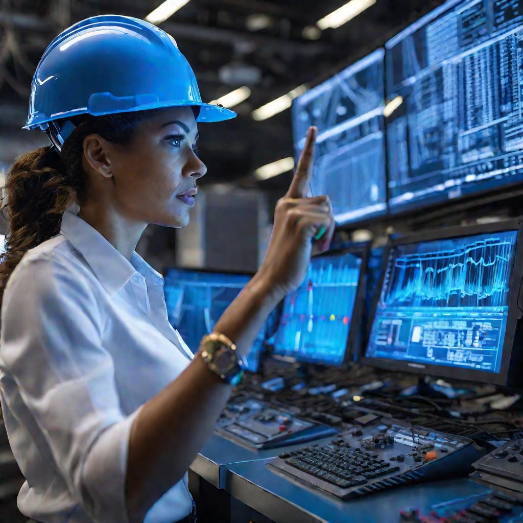 Крупным планом портрет женщины-оператора электростанции в синей каске, смотрящей на голограммный экран с диаграммой систем станции.