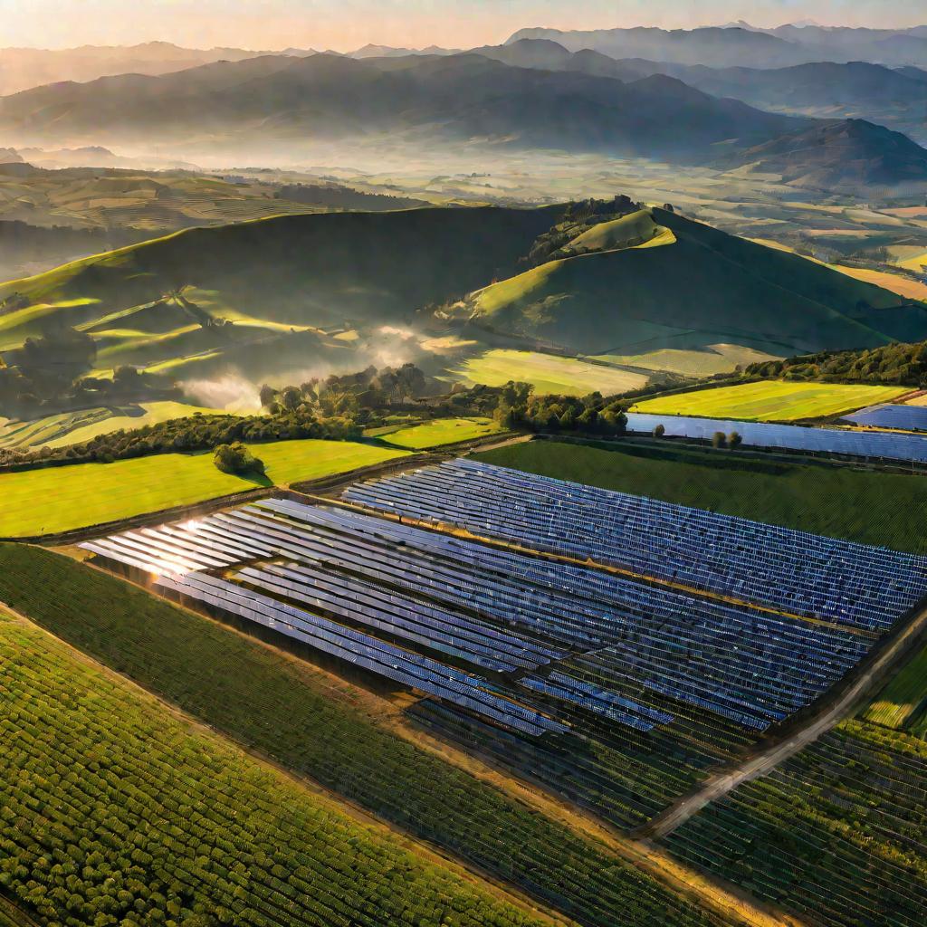 Широкий вид сверху на солнечную электростанцию с рядами солнечных панелей на зеленых холмах в утреннем солнечном свете.