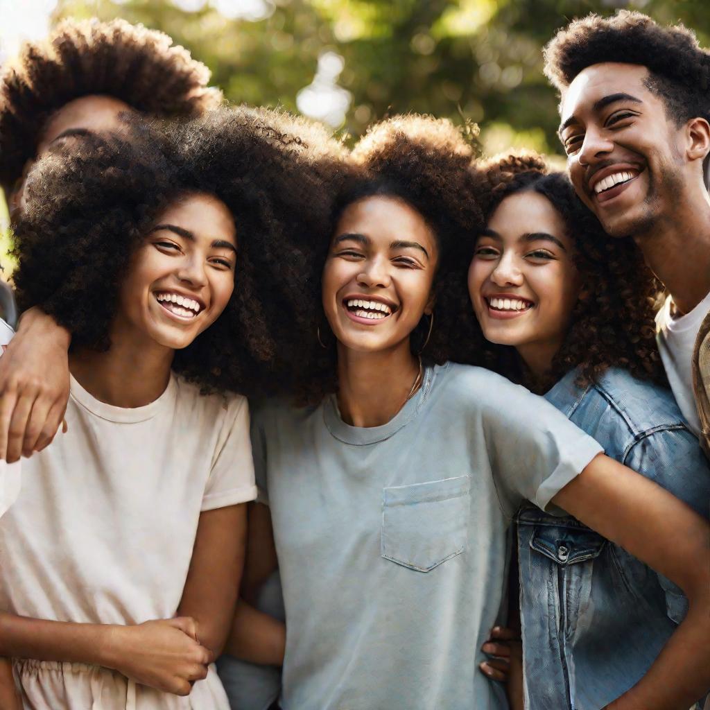 Портрет группы улыбающихся молодых людей, смотрящих в телефон