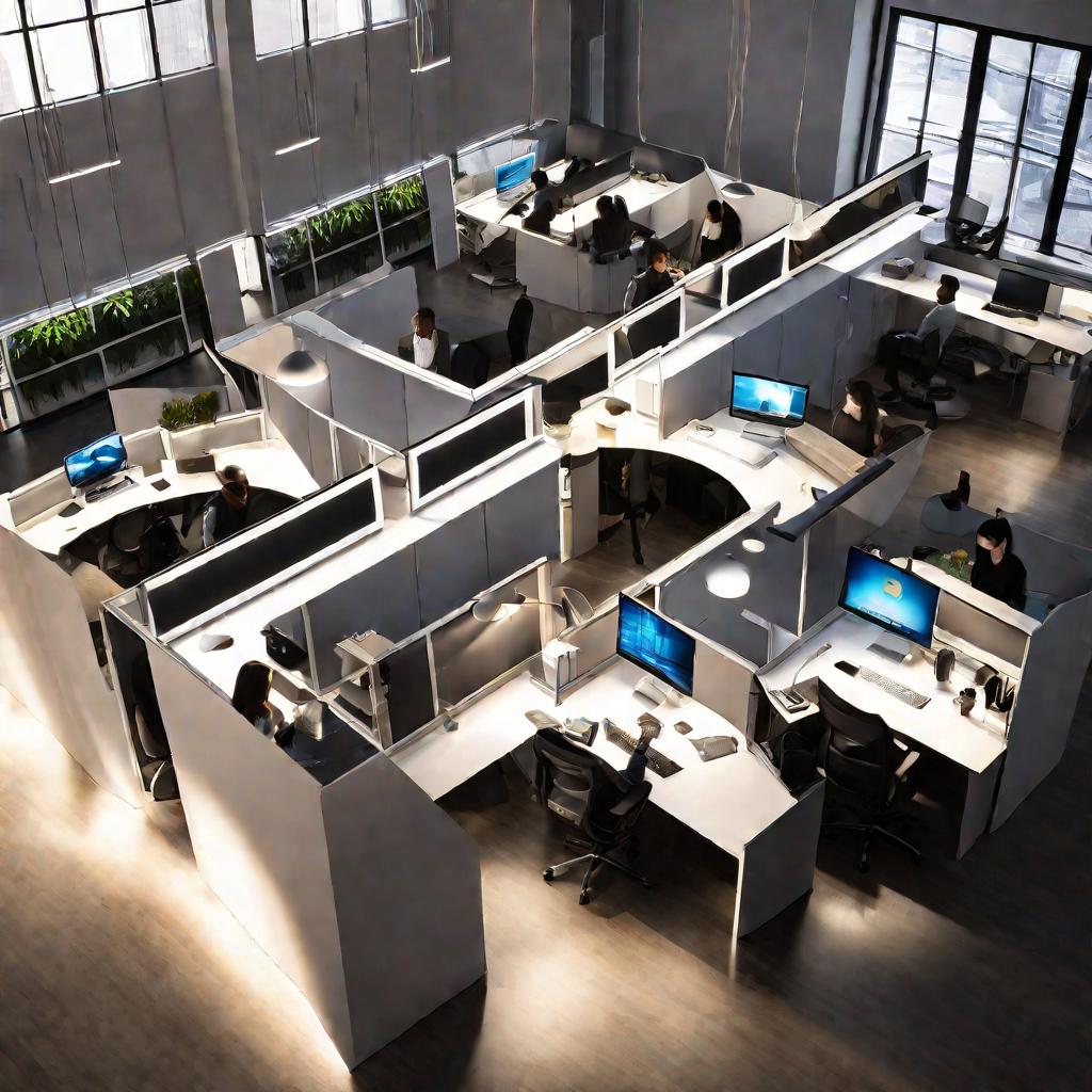 Вид офиса сверху, люди работают за компьютерами