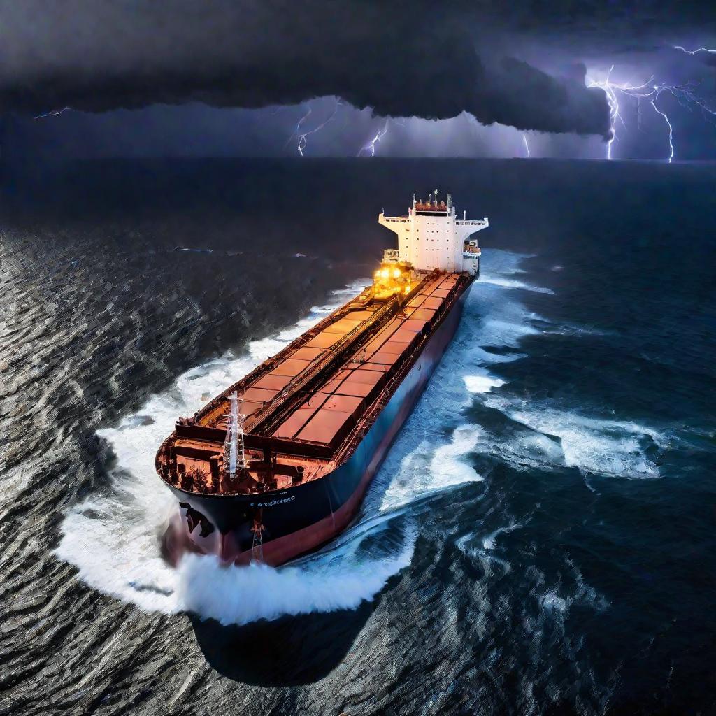 Ночью шторм в океане бушует вокруг поврежденного танкера, из которого в воду выливается нефть