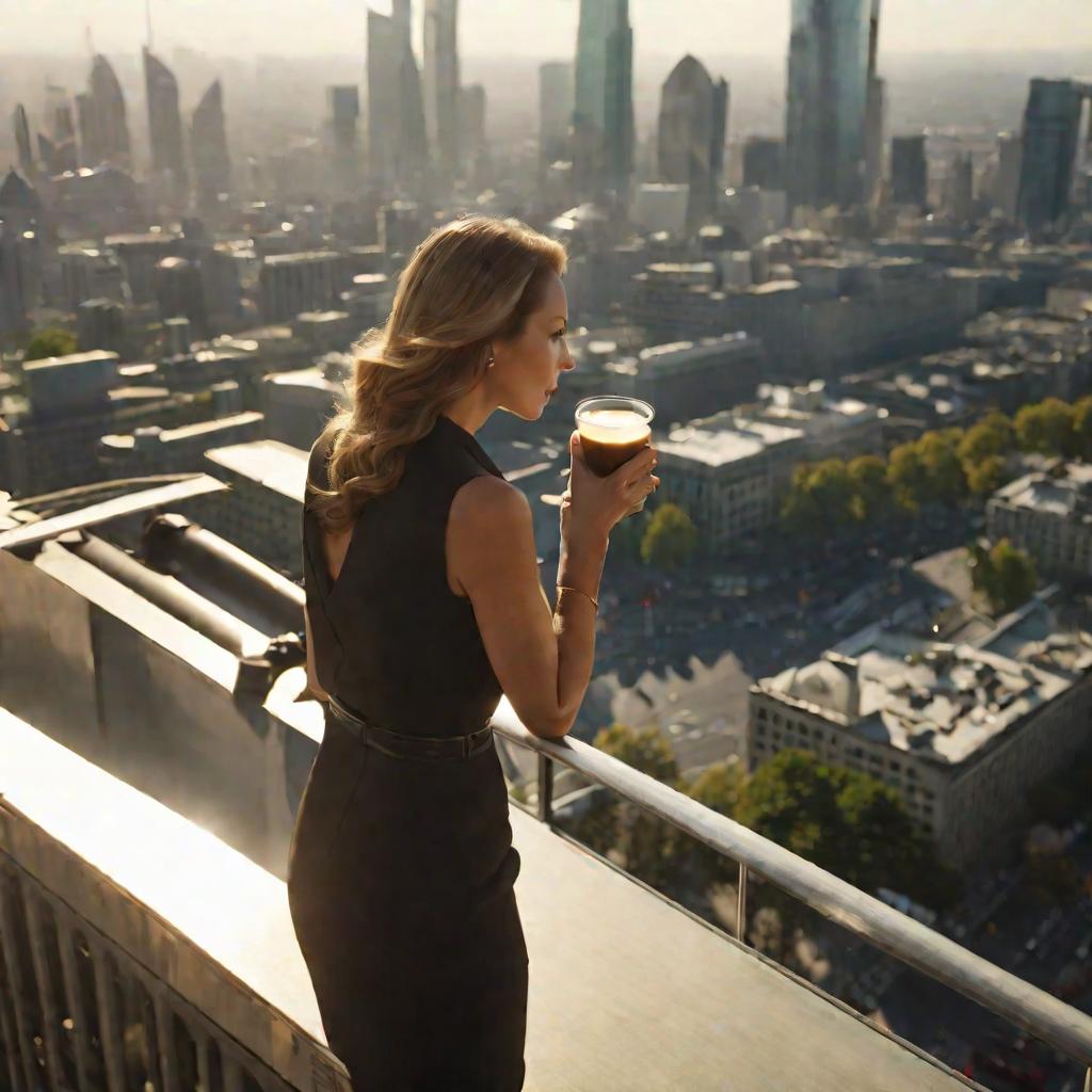 Девушка пьет кофе на крыше небоскреба