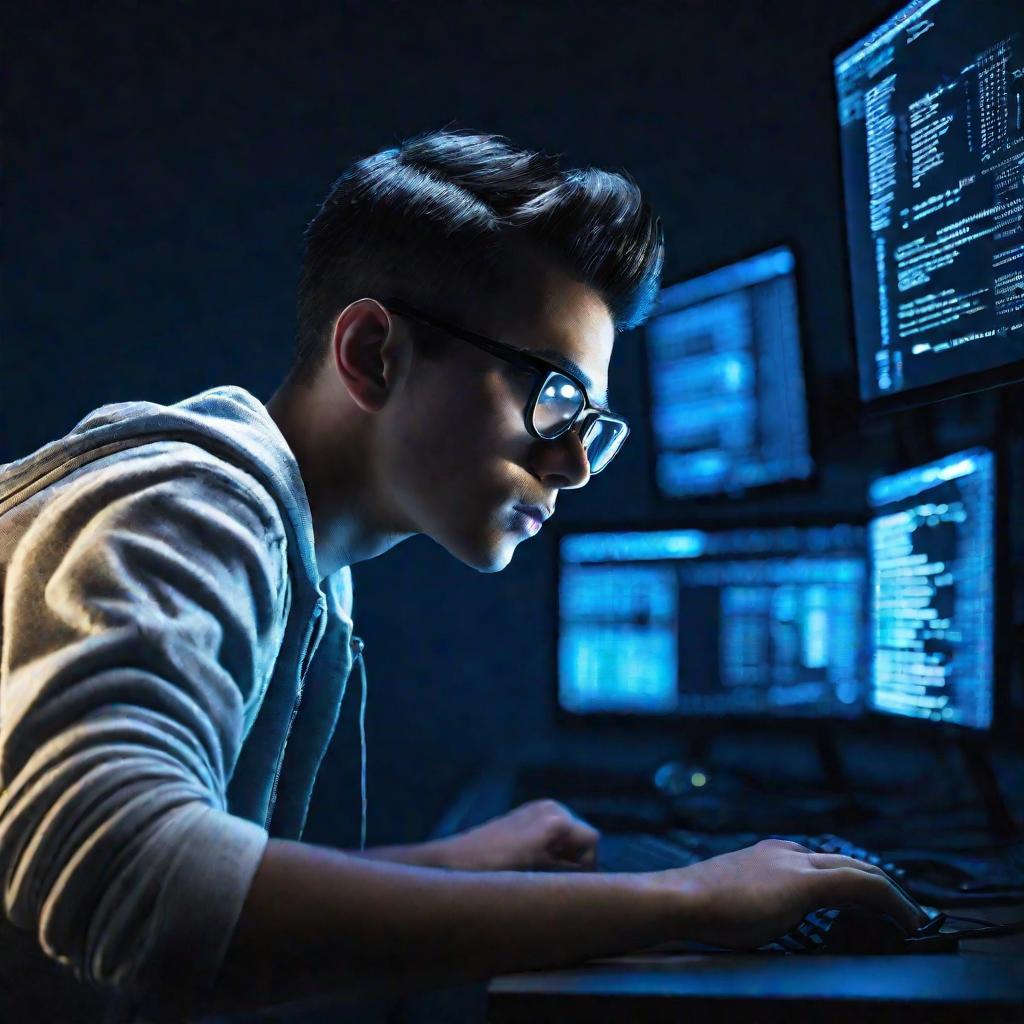 Молодой программист сидит за освещенным столом в темной комнате, ночью пишет сложное приложение на компьютере с тремя мониторами, полностью сосредоточенный с широко открытыми глазами и наклонившись вперед, демонстрируя интенсивную концентрацию и творчески