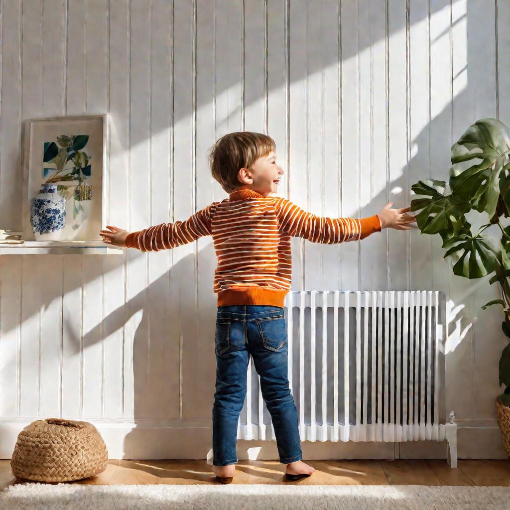 Мальчик в джинсах и полосатом свитере стоит, протянув руки к декоративному белому вертикальному радиатору в солнечной детской комнате. Он улыбается с восторгом, глаза сияют, пока он греет руки об слегка светящийся радиатор. Позади него белая деревянная па