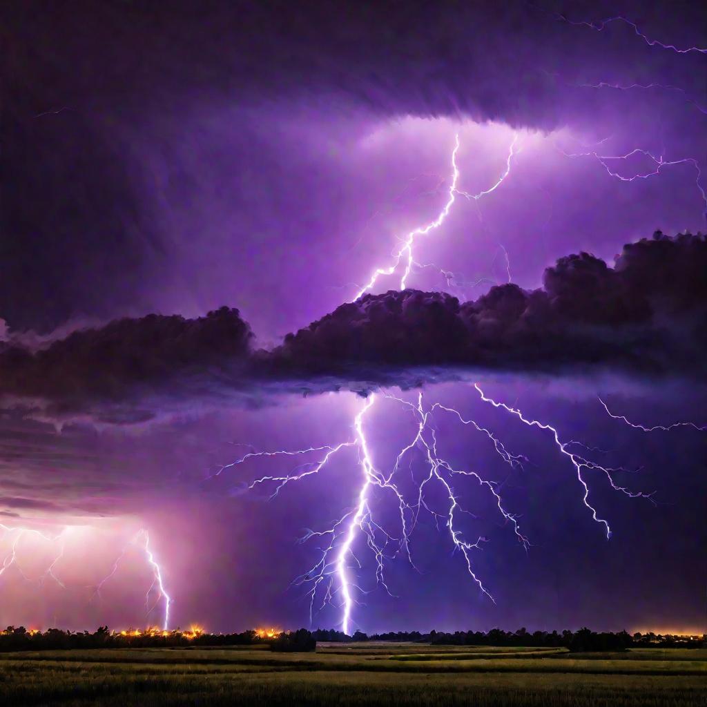 Мощная гроза ночью с разрядами молний освещает туманное небо оттенками фиолетового цвета, демонстрируя огромную электромагнитную энергию, выделяемую облаками.