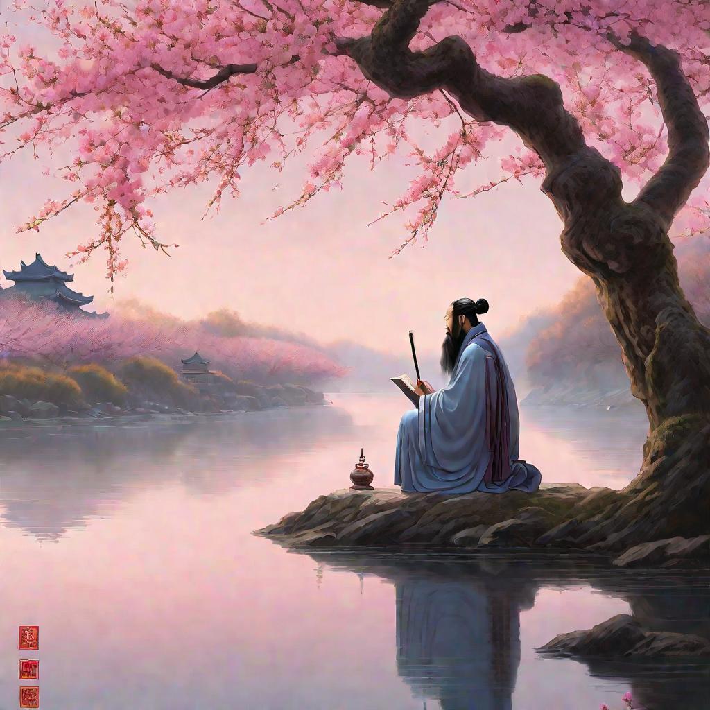 Китайский философ сидит под деревом у реки