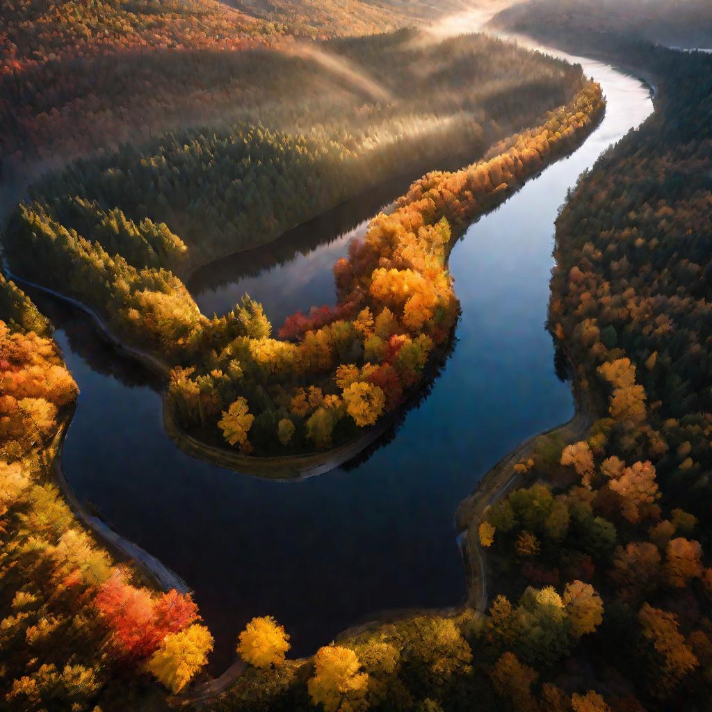 Широкий драматичный туманный осенний вид с высоты птичьего полета на большую реку, извивающуюся сквозь красочный лесистый овраг между двумя крутыми горными хребтами, покрытыми смешанным лиственным и хвойным лесом, во время золотого часа на закате. Путь ре