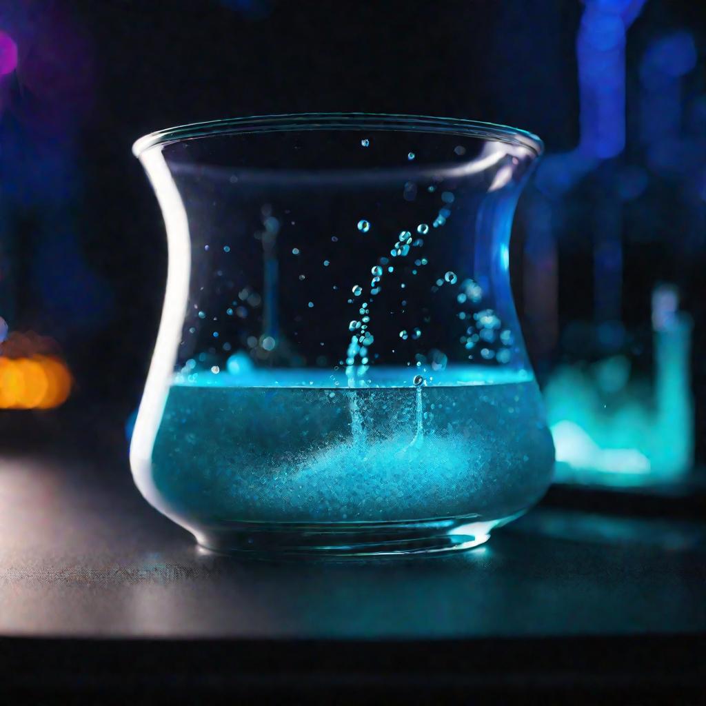 Близкий кадр колбы на лабораторном столе, наполненной мерцающей голубой жидкостью с парящими частицами. Из колбы поднимается ярко голубой пар.