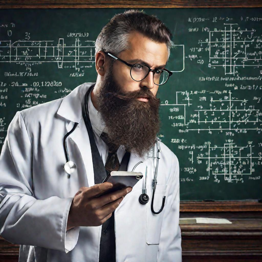 Ученый держит шланг, задумавшись над формулами закона Бернулли на доске