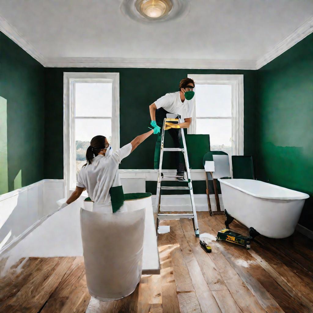 Женщина в респираторе красит зеленой влагостойкой краской стену в ванной