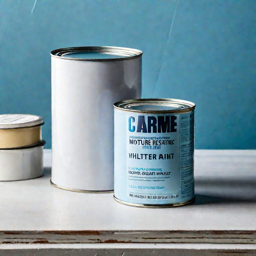 Открытая банка белой влагостойкой краски на столе перед светло-голубой стеной
