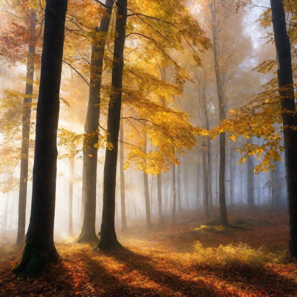 Туманный осенний лес с солнечными лучами