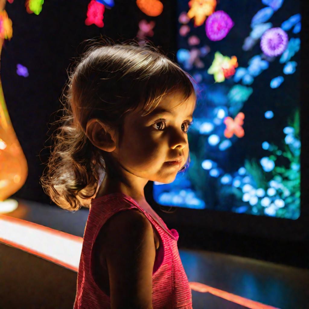 Портрет любопытной девочки, рассматривающей интерактивную выставку внутри музея воды