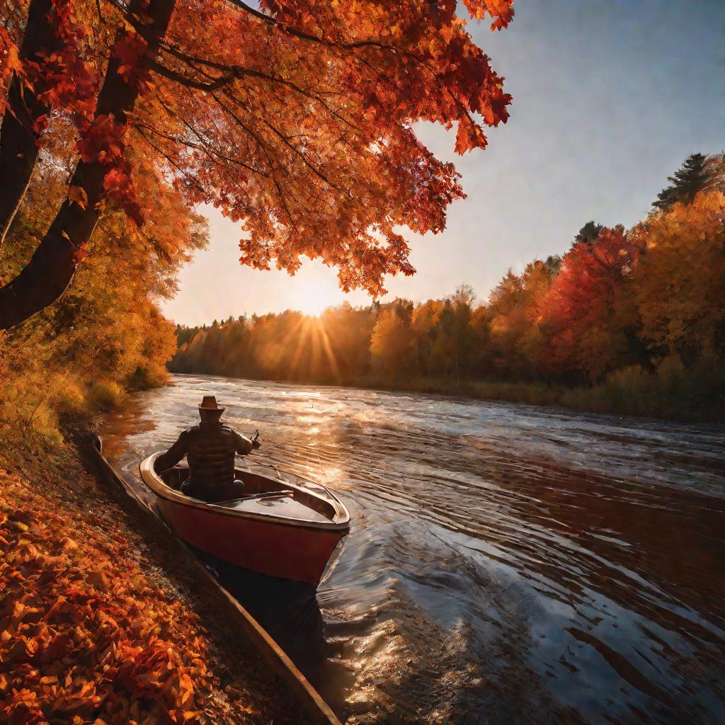 Моторная лодка пересекает реку во время золотого часа осенью