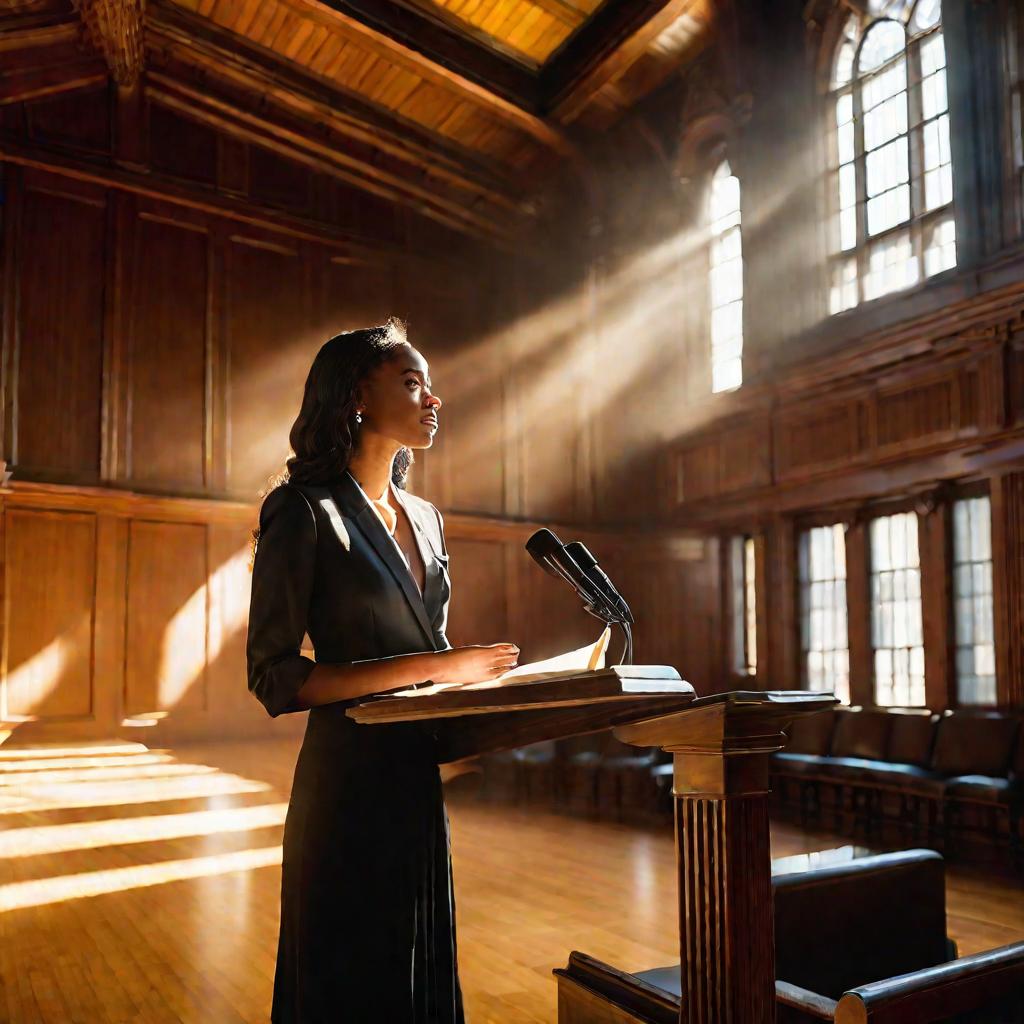 Молодая женщина-адвокат выступает в суде с речью