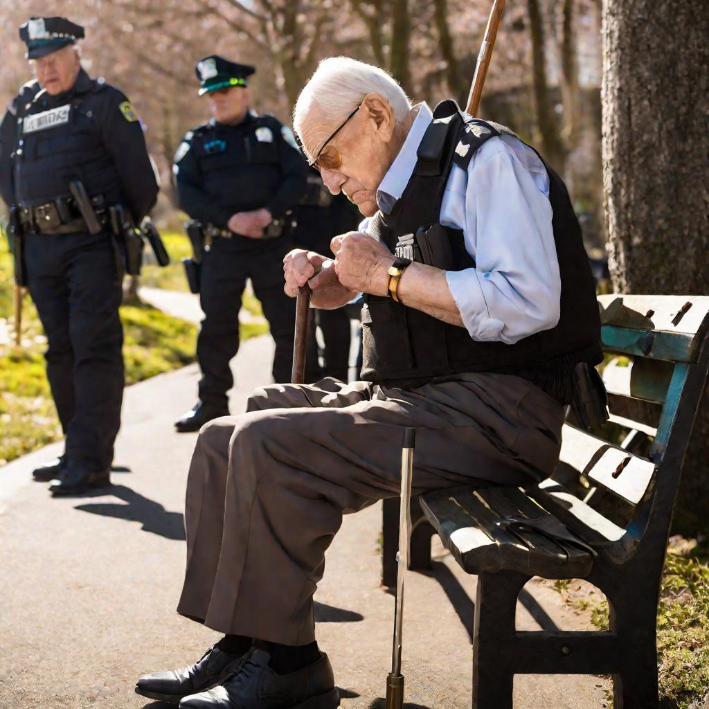 Пожилой мужчина с костылем сидит на скамейке в наручниках