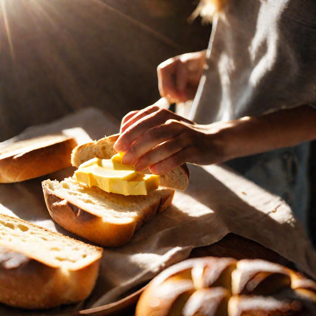 Крупный план человека, едящего кусок теплого свежеиспеченного хлеба, намазанного топленым маслом. Солнечный свет, проникающий через окно, создает уютную, комфортную атмосферу. Масло блестит на хлебе. Фон размыт, чтобы сфокусировать внимание на хлебе, масл