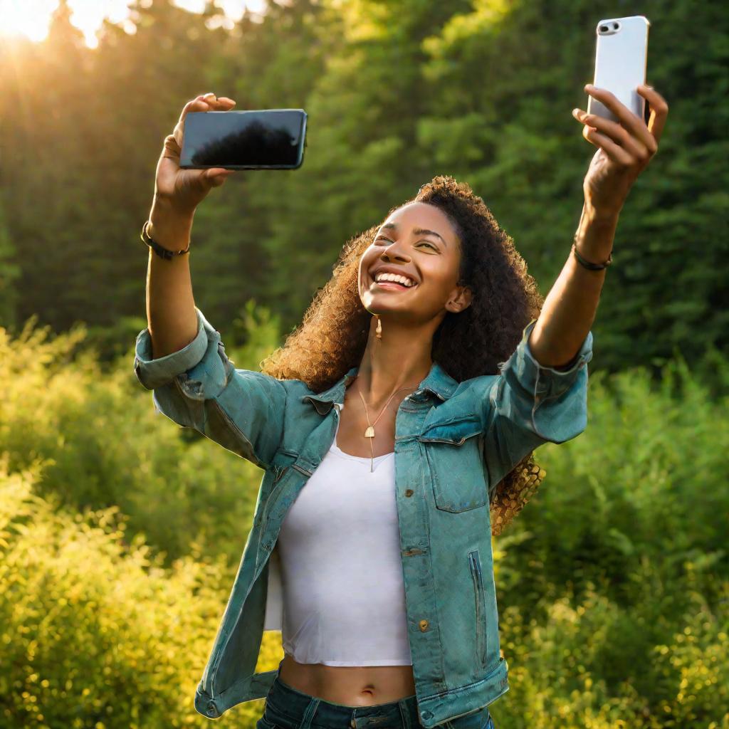 Девушка держит телефон в руках на фоне леса